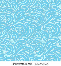 Wavy vector seamless pattern. Sea waves water monochrome texture. Hand drawn abstract blue background