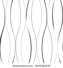 Padrão sem costura de linhas verticais onduladas. Design geométrico moderno. Ilusão   circulação. Fundo minimalista branco com linhas onduladas pretas.  Ilustração vetorial.

