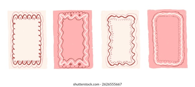 Wavy vintage frames pencil hand drawn set. Scallop groovy rectangle borders by crayon isolated on white background. Wobbly y2k decorative callouts elements. Vector retro doodle blank illustration.