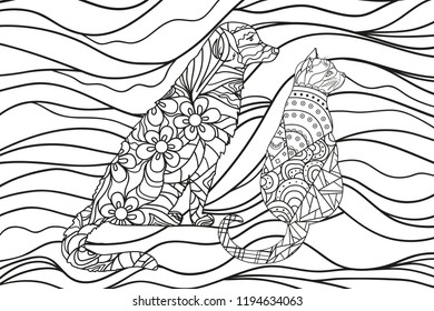 Wavy wallpaper with dog and cat. Zentangle. Hand drawn ornaments. Abstract patterns on isolation background. Design for spiritual relaxation for adults. Zen art. Line art creation