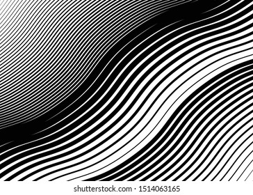 Wavy, waving grid of parallel irregular lines. Billowy, undulating, zigzag stripes, streaks. Abstract geometric background