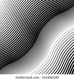 Wavy, waving grid of parallel irregular lines. Billowy, undulating, zigzag stripes, streaks. Abstract geometric background