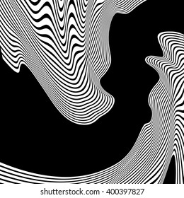 Wavy, waving lines. Lines, stripes with distortion effect - Abstract monochrome background, pattern