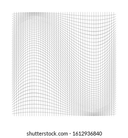 Wavy, waving thin lines. Camber, crook, squeeze stretch distortion on grid, mesh. Billow deformation on array of intersecting lines. Undulating stripes. Abstract geometric pattern / graphic element.