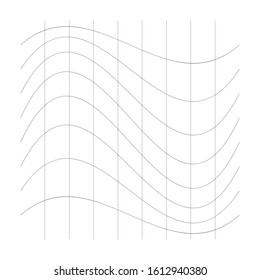 Wavy, waving thin lines. Camber, crook, squeeze stretch distortion on grid, mesh. Billow deformation on array of intersecting lines. Undulating stripes. Abstract geometric pattern / graphic element.