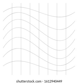 Wavy, waving thin lines. Camber, crook, squeeze stretch distortion on grid, mesh. Billow deformation on array of intersecting lines. Undulating stripes. Abstract geometric pattern / graphic element.