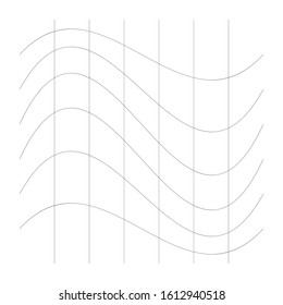 Wavy, waving thin lines. Camber, crook, squeeze stretch distortion on grid, mesh. Billow deformation on array of intersecting lines. Undulating stripes. Abstract geometric pattern / graphic element.