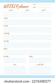 Wavy weekly planner with blue lines and orange font