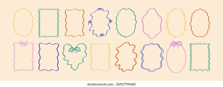 Wavy whimsical frames doodles. Minimal line sketch hand drawn frames border template.