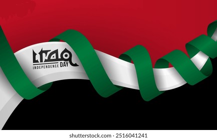 a wavy white 3d shape surrounded by a green ribbon on a red and black background. Iraq independence day template design. Iraq national day campaign