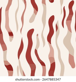 Wavy, wiggly graphic design pattern of bacon strips in shades of red and beige on an off-white background.  grunge lines ikat pattern, ikat seamless pattern, Vector illustration background for print.