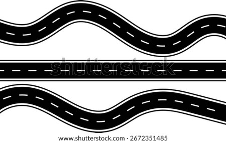Wavy winding curves roads. Horizontal asphalt road template. Journey traffic curved highway. Wavy Road top view
