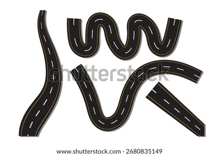 Wavy winding curves roads and horizontal path set . Horizontal asphalt road template. eps 10