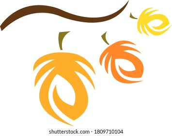 Wavy wooden branch and multicolored autumn leaves.  Bright plants logo for design on white background. Golden autumn season and nature concept 