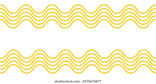 Wavy yellow horizontal lines on white background. Noodle or ramen texture. Pasta, tagliatelle or macaroni pattern. Curvy spaghetti banner. Traditional Italian of Japan food print. Vector illustration.