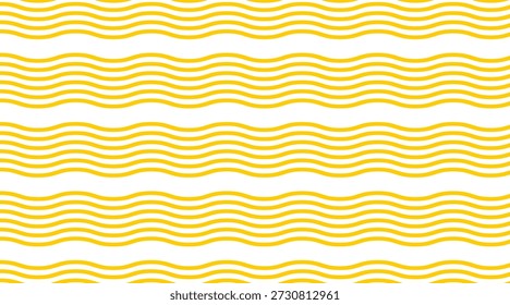 Wavy yellow horizontal lines on a white background. Ramen pattern. Background with pasta, tagliatelle, or capellini. Wallpaper with curved spaghetti. Traditional Italian print with food from Japan. Vector flat illustration.