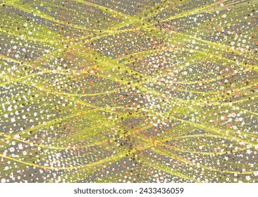 Fondo lineal ondulado amarillo-verde-marrón con puntos para textiles o telas. Motivos de malla para conceptos de negocio, estampados, cubiertas, fondos o texturas, interiores, scrapbooking, azulejos, fondos de pantalla, etc. 