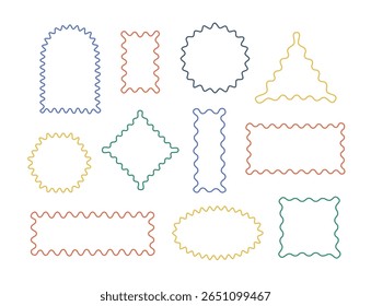 Wavy, zigzag borders geometric shapes, figures. Color line edges vector square, arc, oval, round, rectangle forms.