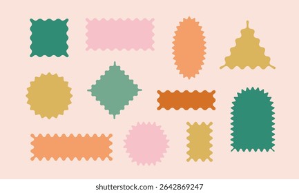Wavy, zigzag borders groovy scallop geometric shapes, figures. Color vector feometric forms, y2k boxes.