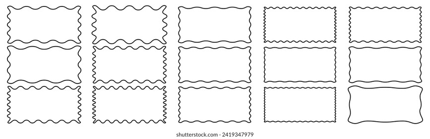 Wavy zigzag edge rectangle shapes set with editable stroke. Jagged geometric rectangular vector collection. Abstract elements.