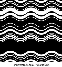 Wavy, zig-zag horizontal parallel lines. Abstract monochrome seamlessly repeatable pattern