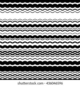 Wavy, zig-zag horizontal parallel lines. Abstract monochrome seamlessly repeatable pattern