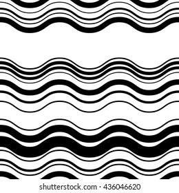 Wavy, zig-zag horizontal parallel lines. Abstract monochrome seamlessly repeatable pattern