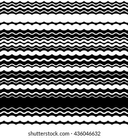 Wavy, zig-zag horizontal parallel lines. Abstract monochrome seamlessly repeatable pattern