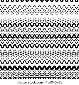 Wavy, zig-zag horizontal parallel lines. Abstract monochrome seamlessly repeatable pattern