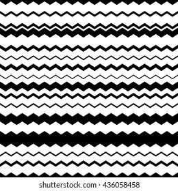 Wavy, zig-zag horizontal parallel lines. Abstract monochrome seamlessly repeatable pattern