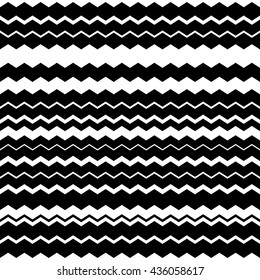 Wavy, zig-zag horizontal parallel lines. Abstract monochrome seamlessly repeatable pattern