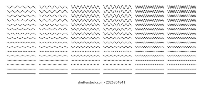 Líneas onduladas de zigzag. Los trazos de pincel horizontales ondean la distorsión de ondulación, segmentos de línea curvados de la decoración geométrica. Conjunto de vectores