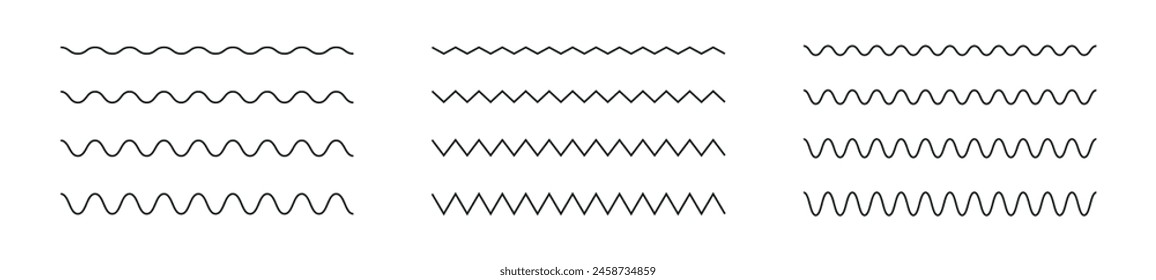 Wavy and zigzag lines pattern with ripples and squiggly strokes. Dynamic serrated curves. Flat vector illustration isolated on white background.