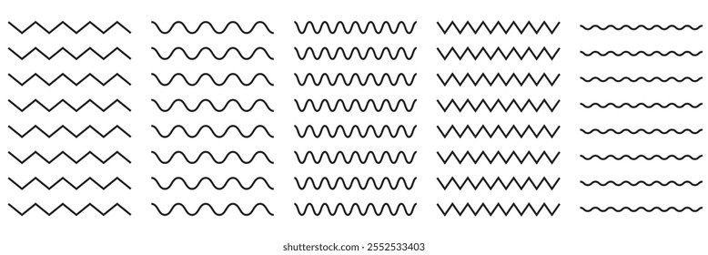 Wavy and zigzag lines pattern with ripples and squiggly strokes. Dynamic serrated curves. Flat vector illustration isolated on white background. 333