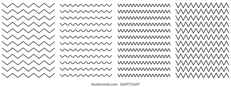 Wavy and zigzag lines pattern with ripples and squiggly strokes. Dynamic serrated curves. Flat vector illustration isolated on white background. Black underlines wavy curve zig zag line pattern.Eps 10