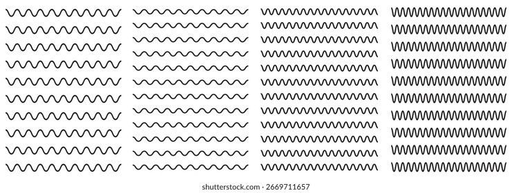 Wavy and zigzag lines pattern with ripples and squiggly strokes. Dynamic serrated curves. Flat vector illustration isolated on white background. Black underlines wavy curve zig zag line pattern.Eps 10
