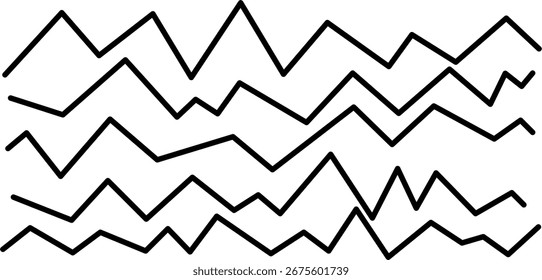 Wavy zigzag lines set. Black curved lines pattern in abstract style. Random horizontal geometric decoration element. Vector illustration.