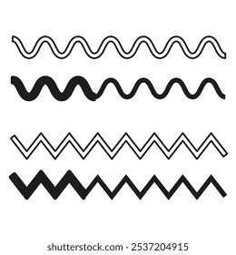 Wavy and zigzag lines set. Various line patterns in bold and outline styles. Abstract line vector collection.