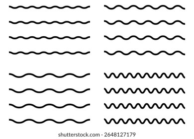 wavy zigzag stroke lines pattern. Vector line border, wave ripple, zigzag, borders. Wavy, curvy lines template. Simple undulate borders, transverse horizontal lines. Sine, fluid, air, wind sign.