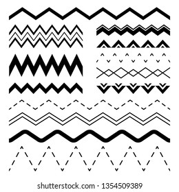 Wavy zigzag. Wiggle jagged waves, parallel sinus line wave border and sine zigzags frame. Squiggle strip frames, curvy divider or wiggly billow. Vector seamless illustration isolated symbols set