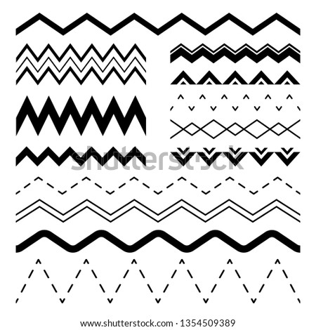 Wavy zigzag. Wiggle jagged waves, parallel sinus line wave border and sine zigzags frame. Squiggle strip frames, curvy divider or wiggly billow. Vector seamless illustration isolated symbols set