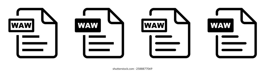 WAW file format icons set.WAW file download symbols.File format for texts, images, vector images, videos, interactive forms.
