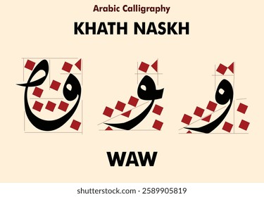 Waw - Vector illustration of hijaiyah letters or Arabic alphabet. Khat Arabic: naskh script, can be used for education, calligraphy, and ready to print. Letters wawu with various types can be edited. 