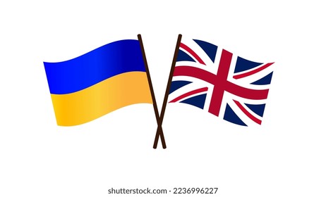 Wawing crossed flags of the Ukraine and UK. Vector images flags of the Great Britain and Ukraine. Symbol of support, cooperation and assistance from the United Kingdom and Ukraine. Union Jack.