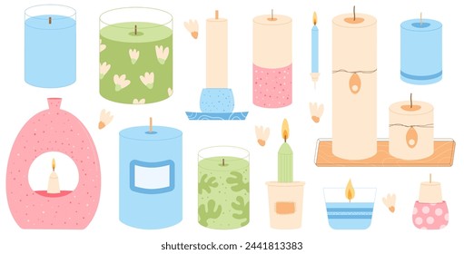 Wax aromatherapy candles different shapes set. Soy, paraffin candle. Spa accessories for relax collection isolated on white background. Interior cosy home decor items. Vector flat illustration.