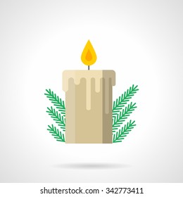 Wax beige candle with flame and green fir branch. Christmas decoration. Winter traditional celebrations. Flat color style vector icon. Elements of web design for business, website and mobile