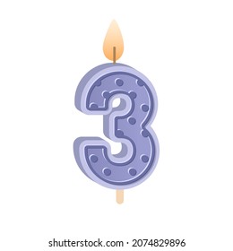 Wax birthday candle of number 3 shape for 3d year anniversary. Glowing figure three candlelight with flame for party cake for third age. Flat vector illustration isolated on white background