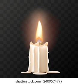 Wax burning candle isolated on transparent background, mock up. Realistic 3d vector illustration. Blank for a designer or postcard, slide for a presentation.
