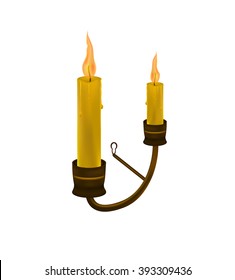 the wax from a burning candle in old candlestick on the wall . vector illustration .