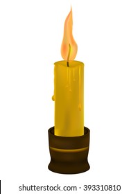 wax burning candle in an old candlestick . vector  illustration .